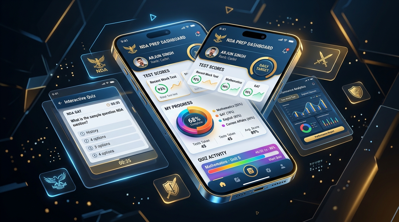 SenaPrep NDA Preparation Mobile App Interface showing mock test results, solved PYQs and analytics dashboard